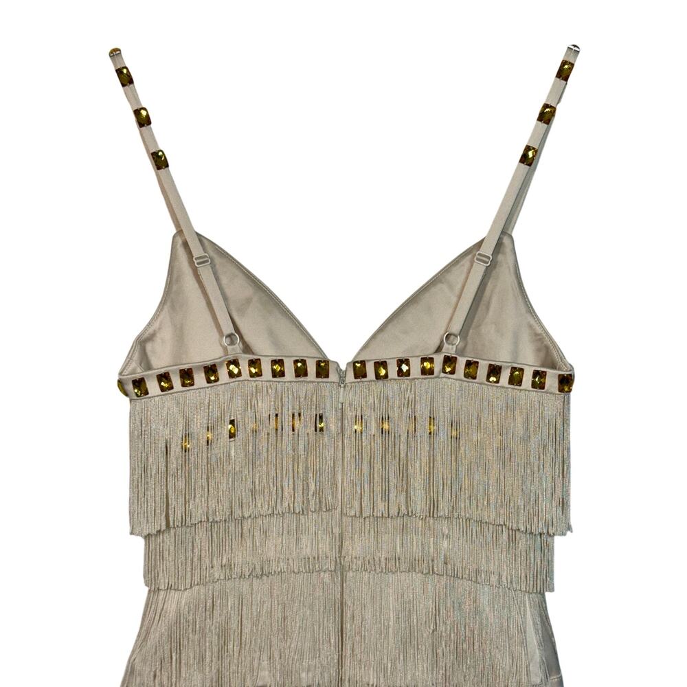 NWT Mandalay Cream Ivory Gold Beaded Fringe Midi Evening Cocktail Dress Womens 6 - Picture 7 of 16